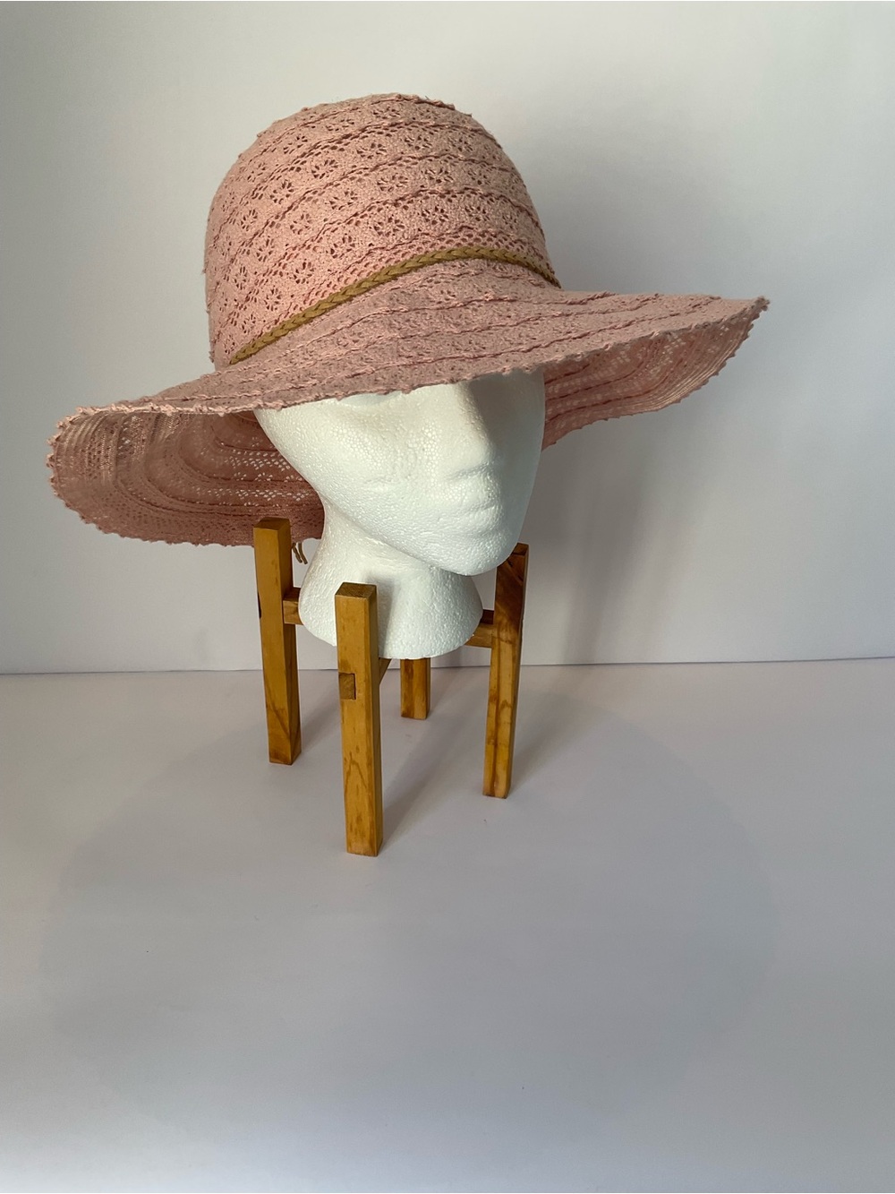C.C Exclusives Blush Pink Lace Crochet  Wide-Brim Sun Hat with Braided Accent
